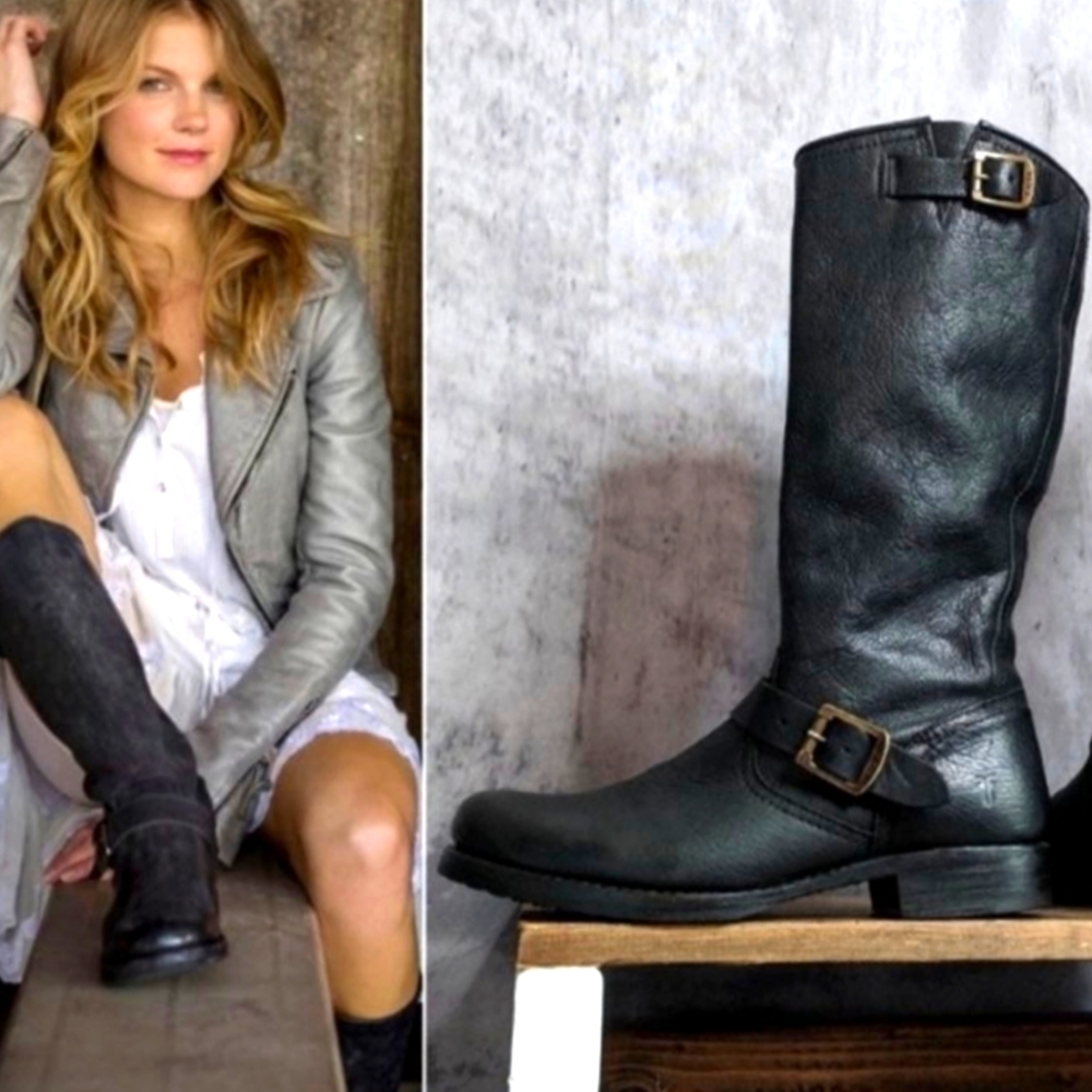 FRYE Veronica Slouch Black Leather Motorcycle Boots Women's Size 9